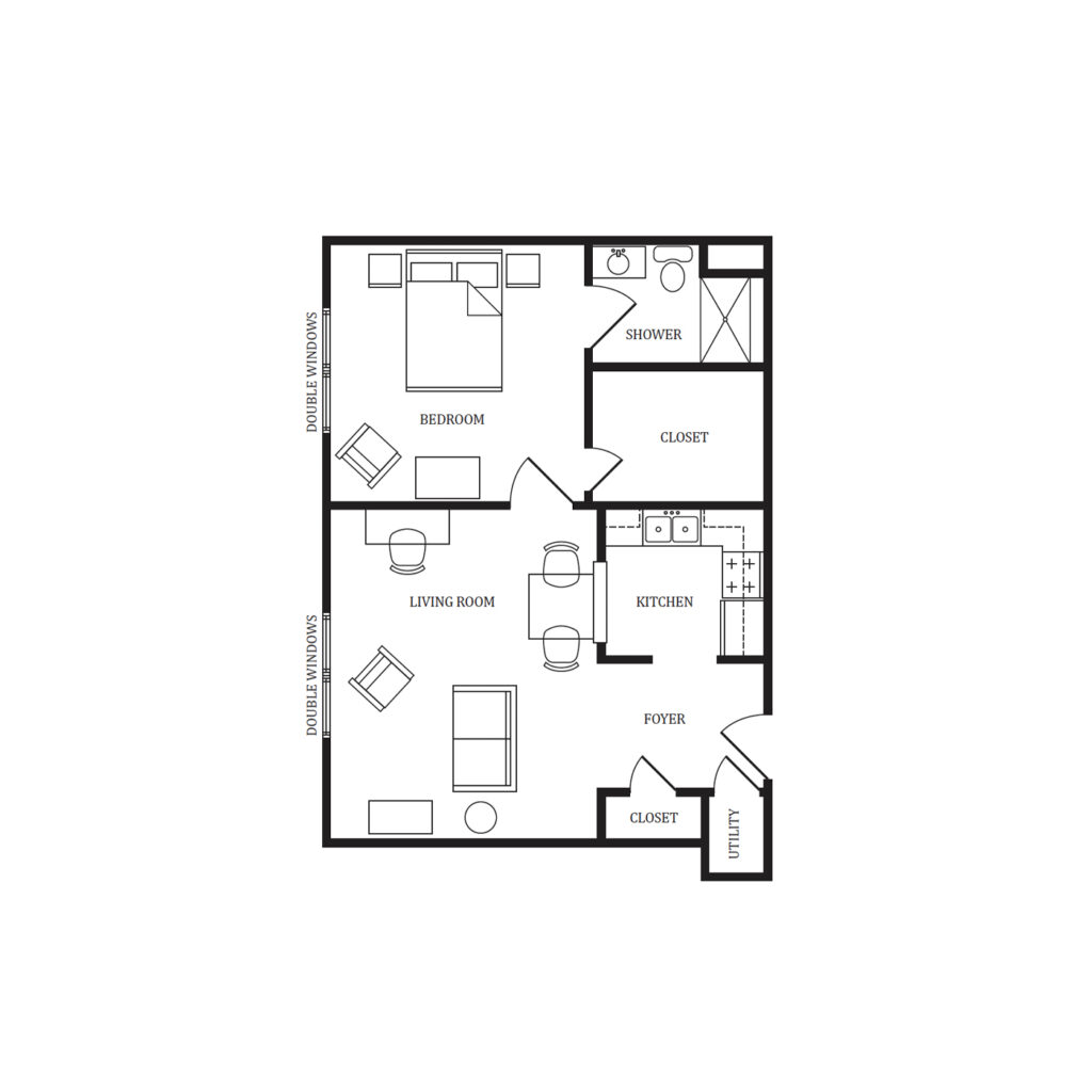 Independent Living Dogwood I, One Bedroom floor plan image.