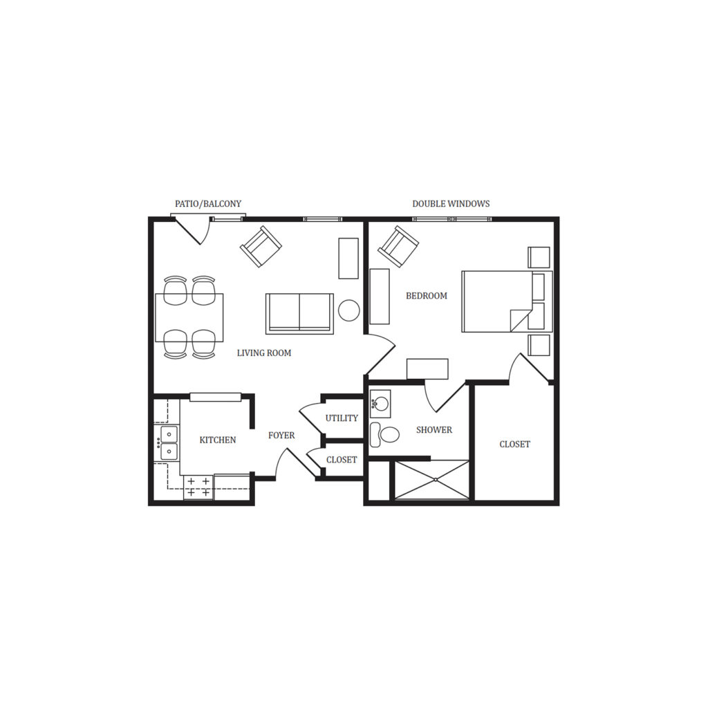 Independent Living Maple I One Bedroom, Porch/Balcony floor plan image.