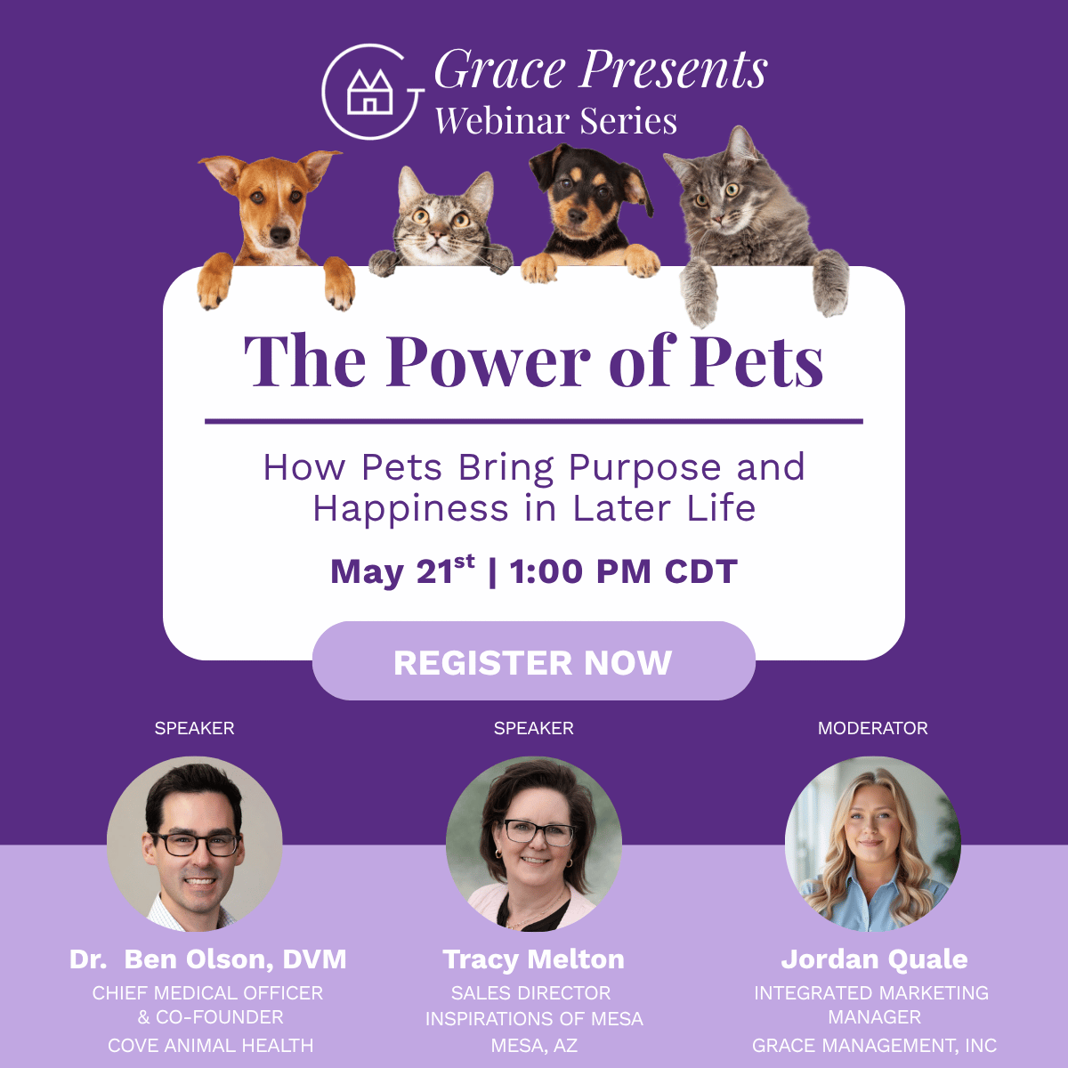 Promotional banner for 'The Power of Pets' webinar with four pets at the top, white rounded panel with the title, date/time, and a large 'REGISTER NOW' button, plus three speaker headshots below.