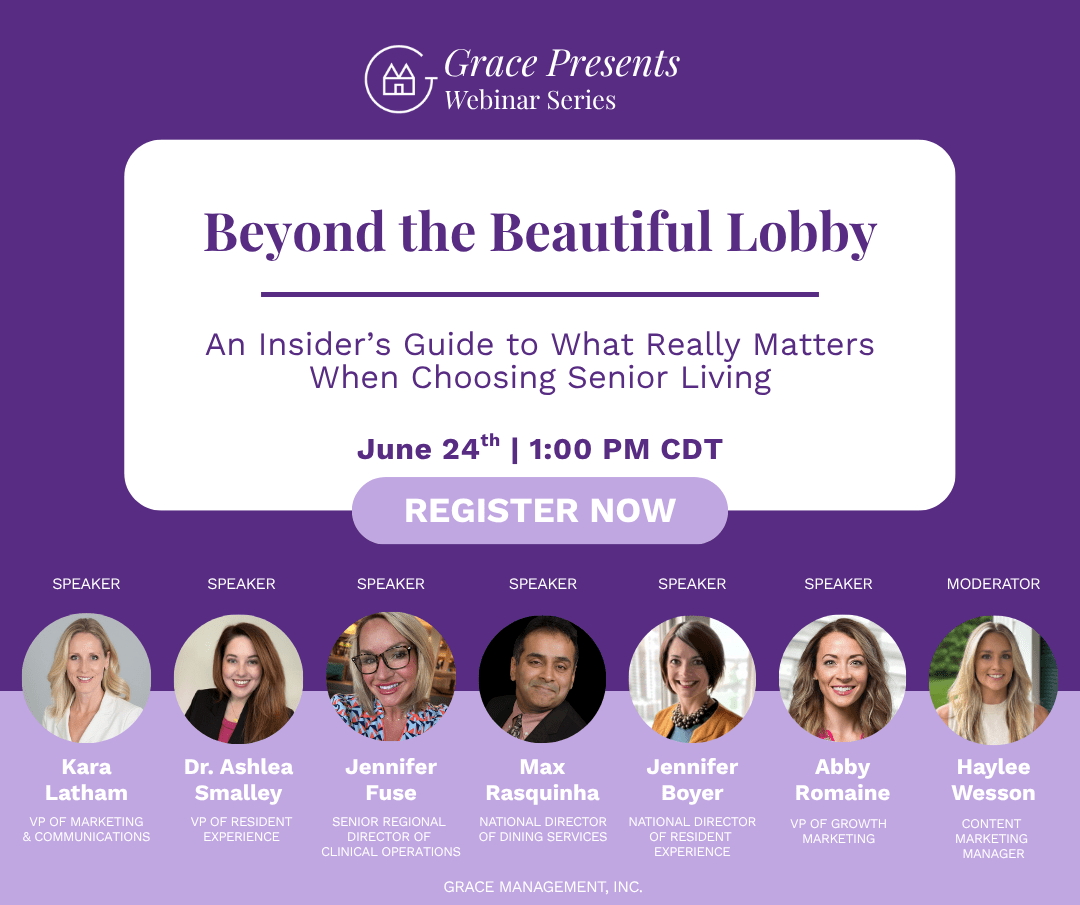 Promotional banner for 'Beyond the Beautiful Lobby' webinar with date June 24, 1:00 PM CDT and a 'Register Now' button, featuring seven speaker headshots and titles.